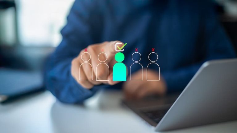 man in blue shirt pressing blue icon